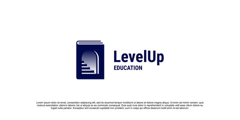 Level up logo, Silhouette of library book with negative space of stairs logo, company logo