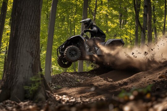 side view of an atv climbing a forest hill, dirt flying