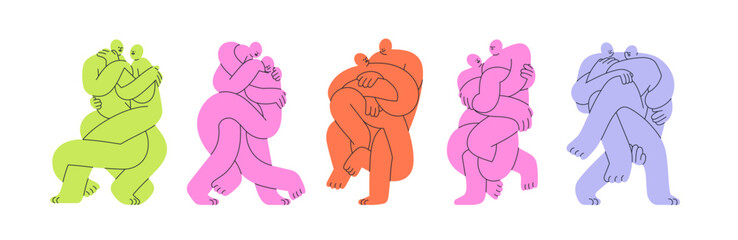 Merging close relationships, fusion in love, friendship concept. Intertwined tangled twisted knit people bodies, cuddling. Psychology flat graphic vector illustrations isolated on white background