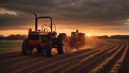 Fototapeta premium Modern tractor plowing at the sunset background. Generative Ai