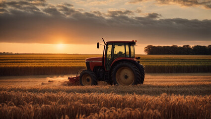 Modern tractor plowing at the sunset background. Generative Ai