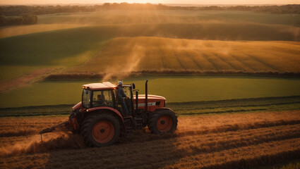 Obraz premium Modern tractor plowing at the sunset background. Generative Ai