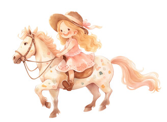 Cute cowgirl riding a beautiful adorable horse. limited color palette illustration. Simple, childish, adorable character. Isolated
