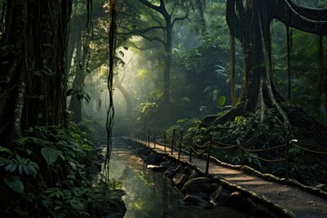 Scenic Asian rainforest scene during daytime., Asian tropical rainforest, Asian tropical jungle rainforest in daytime. Neural network, Ai generated