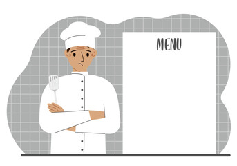A chef in a cap stands next to a white sheet for placing a menu for a restaurant or cafe.