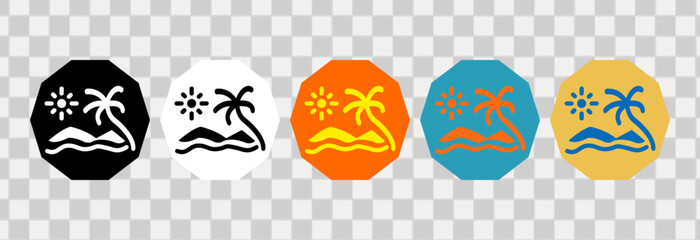 Beach view element icons design. With sun, island, palm tree and wave sea.  For logo, symbol or web design. Vector flat illustration.