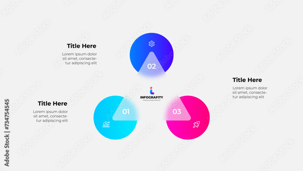 Poster Cycle scheme with three circles and glassmorphism triangle. Concept of business process with 3 steps. Infographic design template