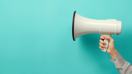 white megaphone held in hand stands out vividly against a plain turquoise background, symbolizing communication and attention - obrazy, fototapety, plakaty