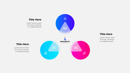 Cycle scheme with three circles and glassmorphism triangle. Concept of business process with 3 steps. Infographic design template