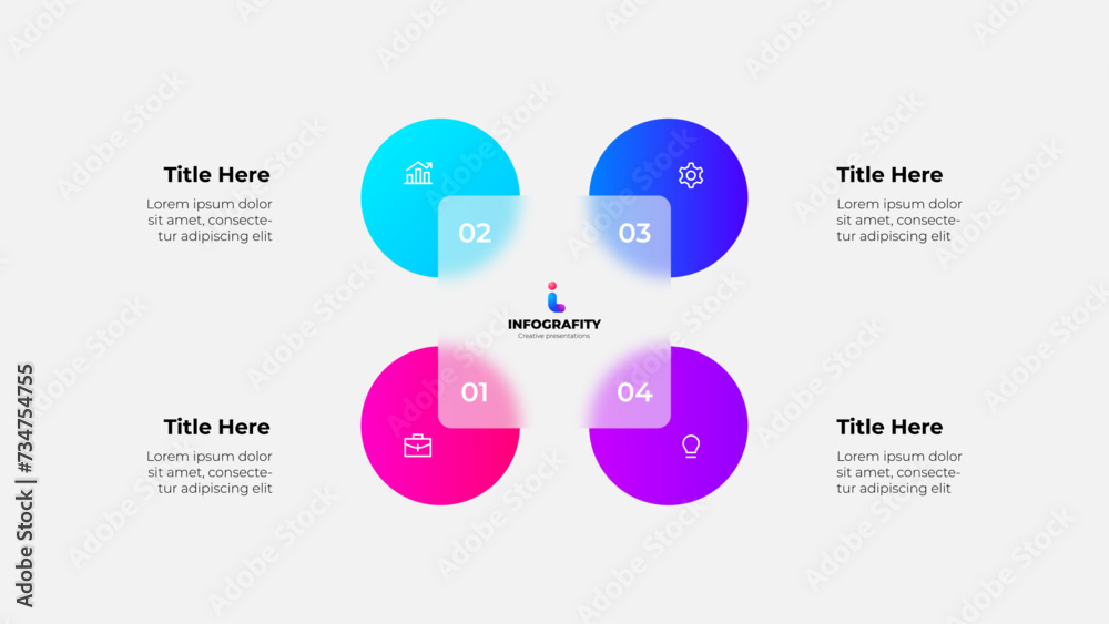 Aufkleber Cycle scheme with four circles and glassmorphism square. Concept of business process with 4 steps. Infographic design template