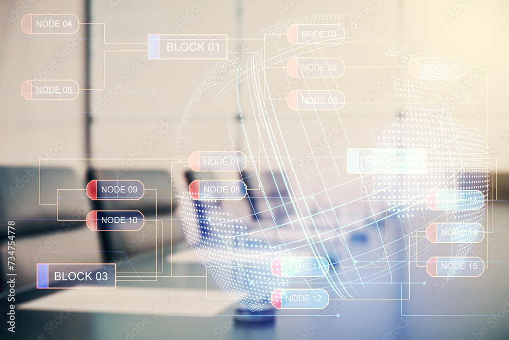 Poster Multi exposure of abstract programming language hologram and world map on a modern furnished office interior background, artificial intelligence and neural networks concept