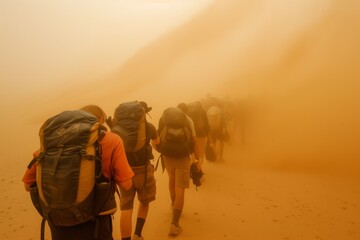Obraz na płótnie Canvas group with backpacks forming a line, walking through a sandstorm