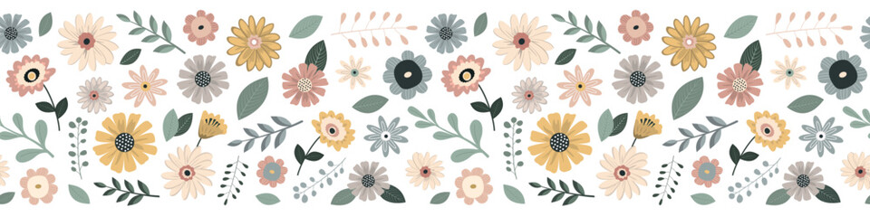 Spring flowers and leaves seamless border pattern in pastel scandinavian palette. Isolated on white background. Minimalistic abstract floral pattern. Design for textile, wallpaper - obrazy, fototapety, plakaty