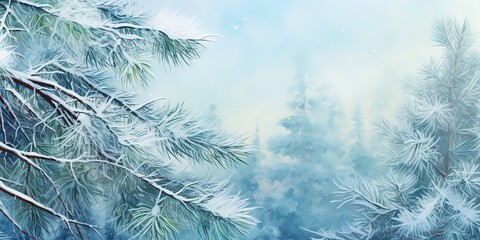 Frozen winter landscape in snowy forest. Christmas background with fir tree and winter background.