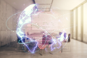 Double exposure of abstract digital world map hologram with connections on a modern boardroom...