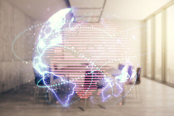 Double exposure of abstract digital world map hologram with connections on a modern boardroom background, big data and blockchain concept