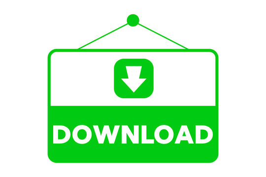 Download green button inside a sign shape using an arrow shape with bold white text. Used as an icon or a click here symbol for downloading files and online content from websites.