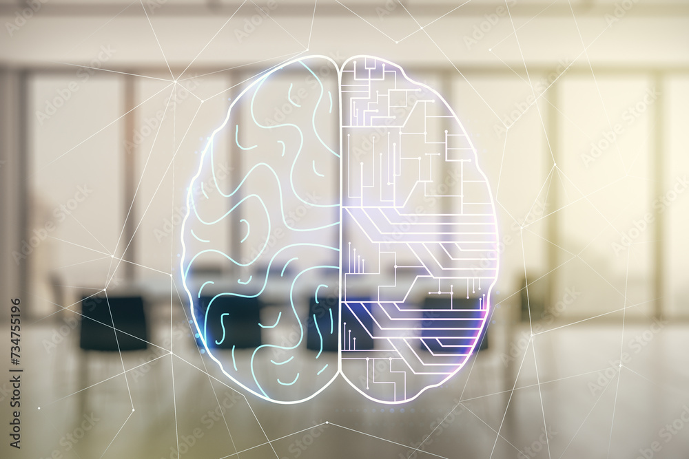 Poster double exposure of creative artificial intelligence interface on a modern meeting room background. n