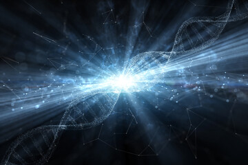  Glowing 3d dna chain on digital technology illustration background.