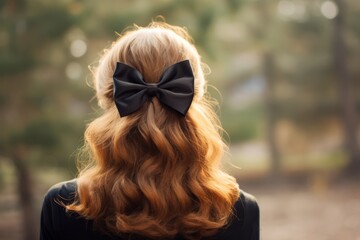 
Photograph a fashionable hair accessory featuring a small trendy bow worn at the back of a woman's head, adding a chic accent to her hairstyle