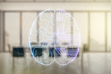 Double exposure of creative artificial Intelligence interface on a modern meeting room background....