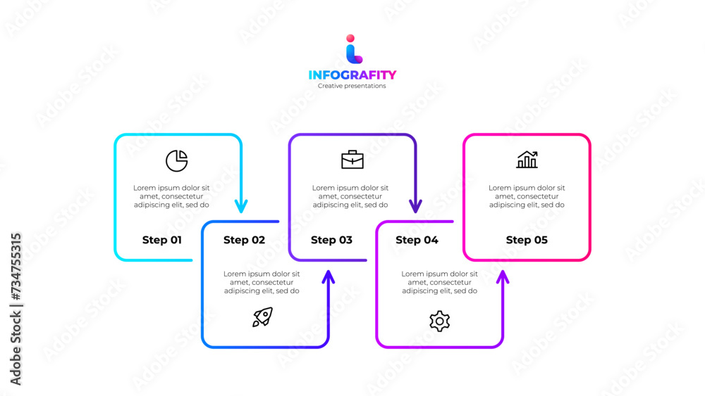 Aufkleber Outline infographic design template. Progress diagram with 5 square elements. Concept of startup development five options