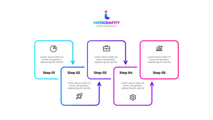Outline infographic design template. Progress diagram with 5 square elements. Concept of startup development five options