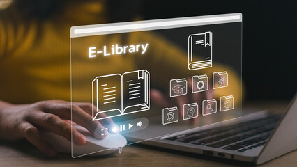 E-library concept. Women use a laptop with virtual Ebook icons for electronic books online, the...