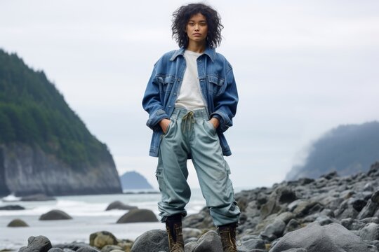A non-binary individual, aged 28, of East Asian descent, wearing an oversized denim jacket and chunky boots, their expression contemplative as they stand on a rocky beach, waves crashing behind them