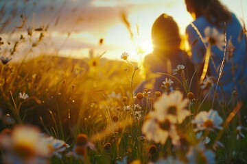 AI generated illustration of a woman and a child enjoying a sunset, sitting in a grassy field