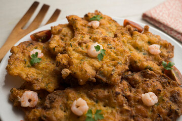 Tortitas de Camarones. Traditional tapa of flour and egg dough with shrimp or prawns, very famous in the Cadiz area in Spain.