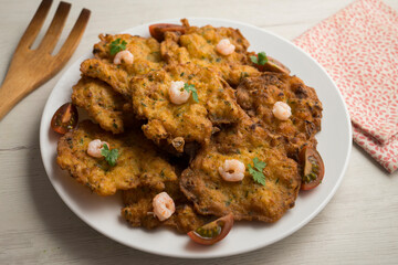 Tortitas de Camarones. Traditional tapa of flour and egg dough with shrimp or prawns, very famous in the Cadiz area in Spain.