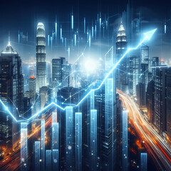  the concept of financial growth with a dynamic image depicting a graph soaring upwards, surrounded by a backdrop of skyscrapers and city lights, generative ai