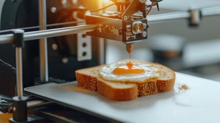 3d printer printing a breakfast toast with freid egg