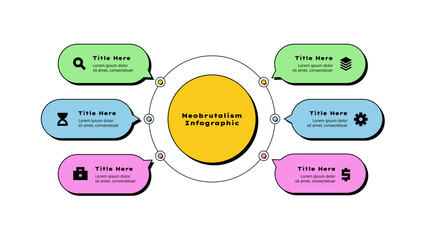 Neobrutalism flowchart infographic business template. Main circle with 6 rounded elements. Structure visualization