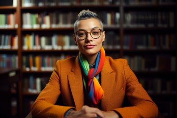 A non-binary individual, aged 31, of Mediterranean descent, wearing a tailored blazer and vibrant scarf, their expression thoughtful and introspective as they sit in a library surrounded by books. - Powered by Adobe