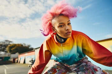 a non-binary individual, aged 31, of Oceanian descent, dressed in gender-neutral streetwear and sporting colorful hair, their expression confident and determined as they skateboard through an urban sk - Powered by Adobe