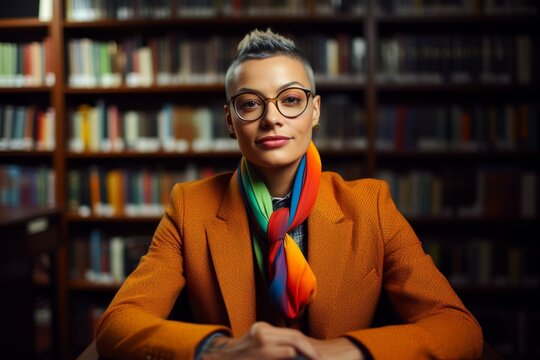 A non-binary individual, aged 31, of Mediterranean descent, wearing a tailored blazer and vibrant scarf, their expression thoughtful and introspective as they sit in a library surrounded by books.