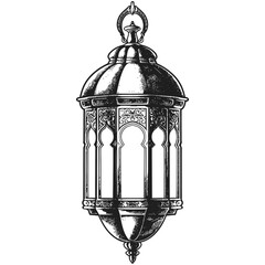 arabic lantern illustration with engraving style black color only - obrazy, fototapety, plakaty