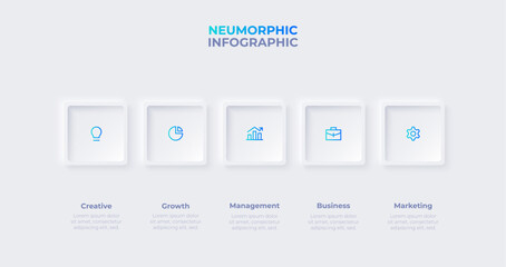 Neumorphic horizontal progress diagram with 5 square elements. Infographic design template