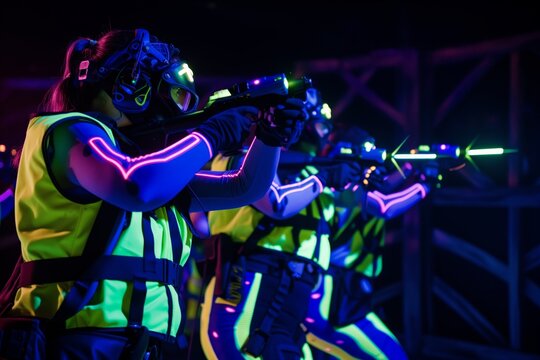 two teams in neon gear aiming laser guns in a dark arena