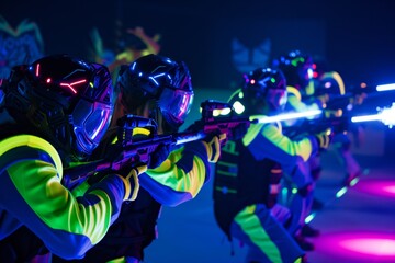 two teams in neon gear aiming laser guns in a dark arena