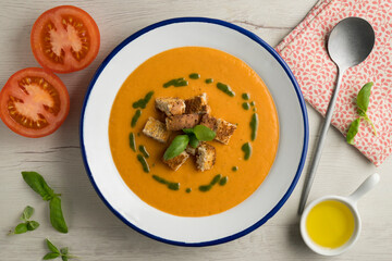 Spanish tomato soup with basil oil.
