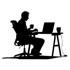 Silhouette Office Desk With Laptop and Coffee black color only