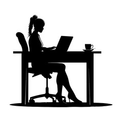 Silhouette Office Desk With Laptop and Coffee with women working inside