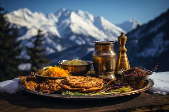 Photograph a platter of fragrant Himachali siddu, served in a traditional brass thali, accompanied by ghee and jaggery, against a backdrop of majestic snow-clad mountains