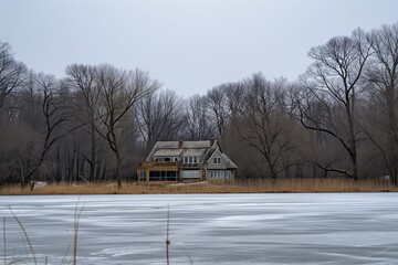 Fototapeta na wymiar one house at the edge of a frozen lake, bare trees around