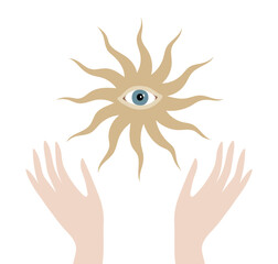 Vector hand-drawn illustration of the Sun with The All Seeing Eye and woman's hands. Spiritual composition isolated on a white background.
