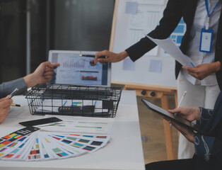 Close up ux developer and ui designer use augmented reality brainstorming about mobile app...