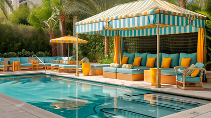 Fototapeta na wymiar Poolside cabana outdoor seating, elegant beach pool in a luxury hotel
